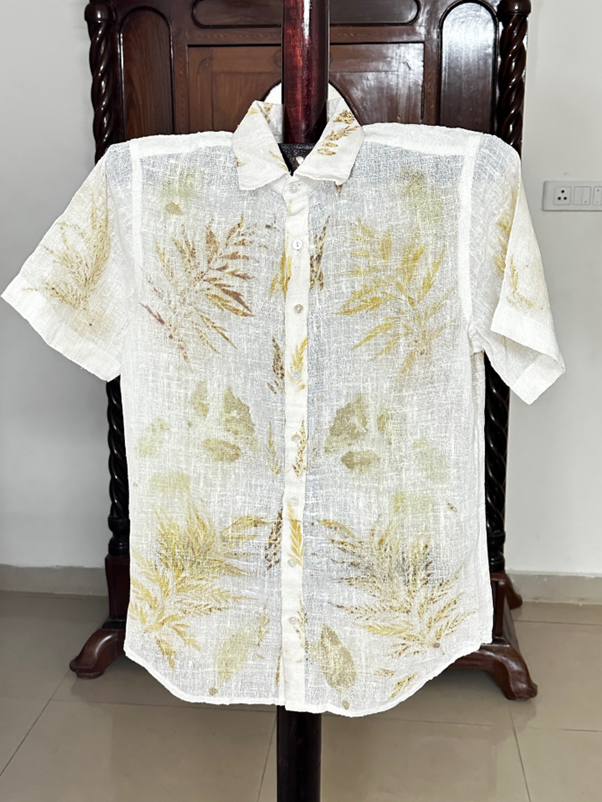 Men’s Jute Half-White Shirt: ECO Printed with Leaves